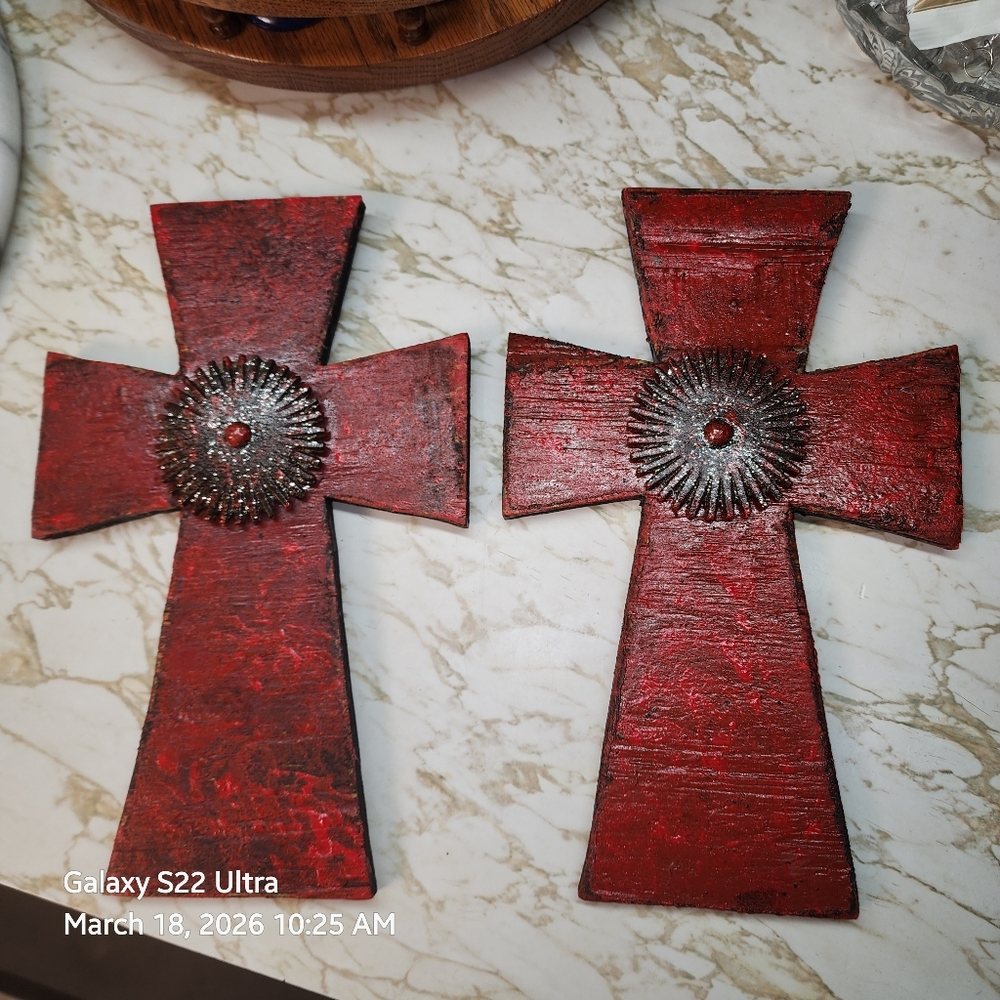 Pair of Decorative Red Wooden Cross Wall Accents